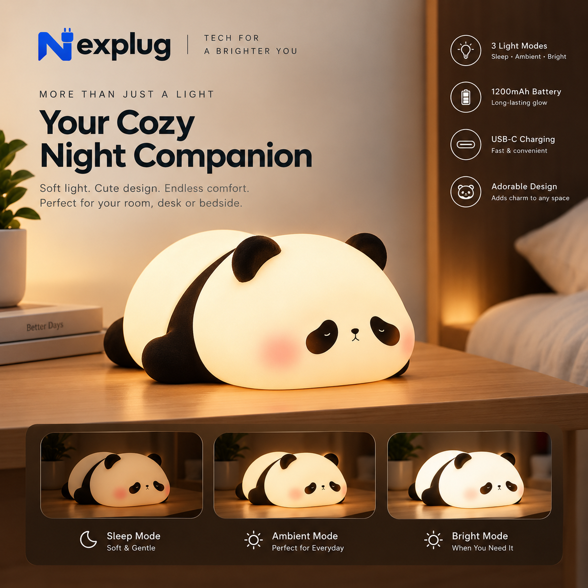 Cute Panda Silicone Night Lamp – Rechargeable 3-Mode Light